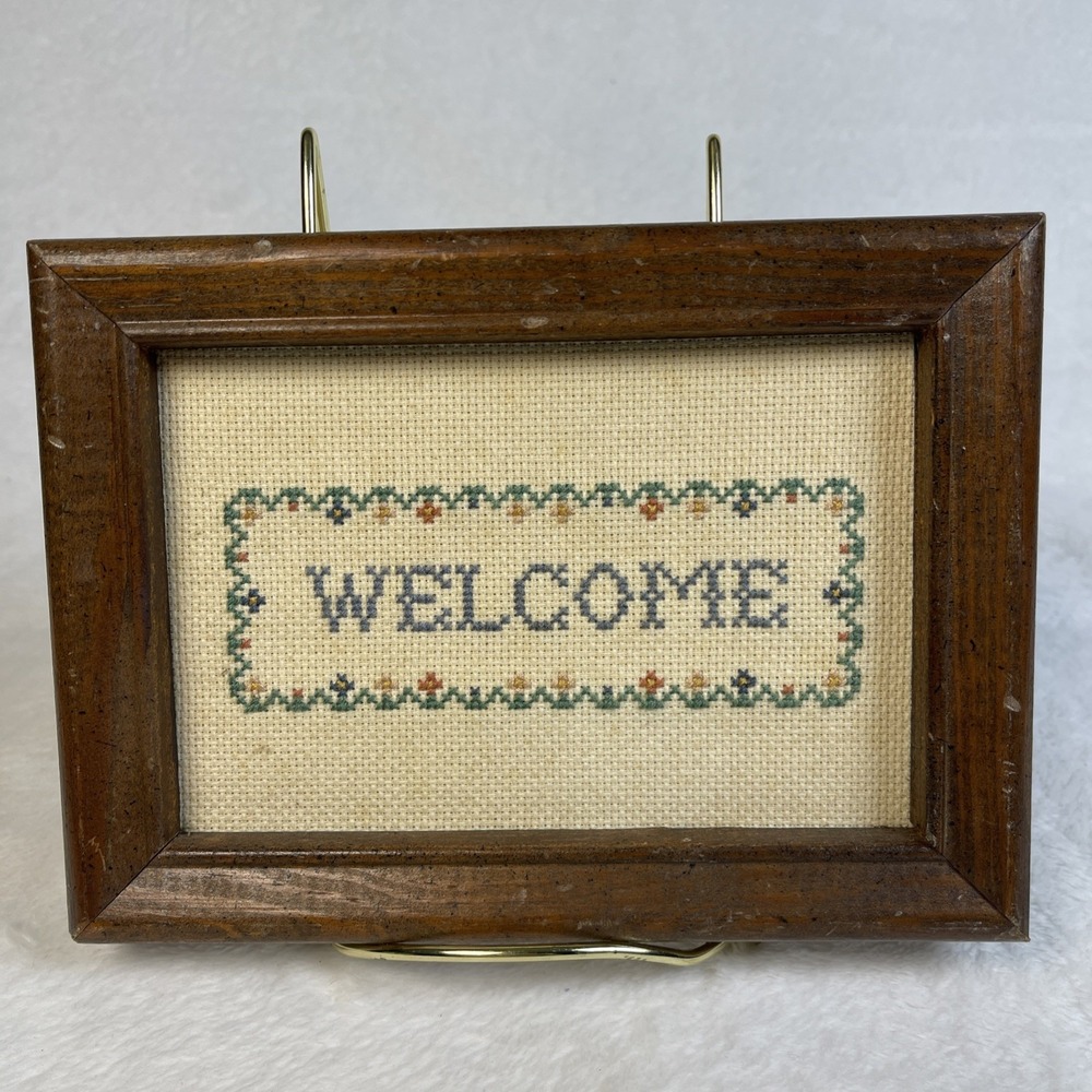 VTG Needlepoint Welcome Sign Framed Desk Stand or Wall Hang 7.25x5.25 Grannycore